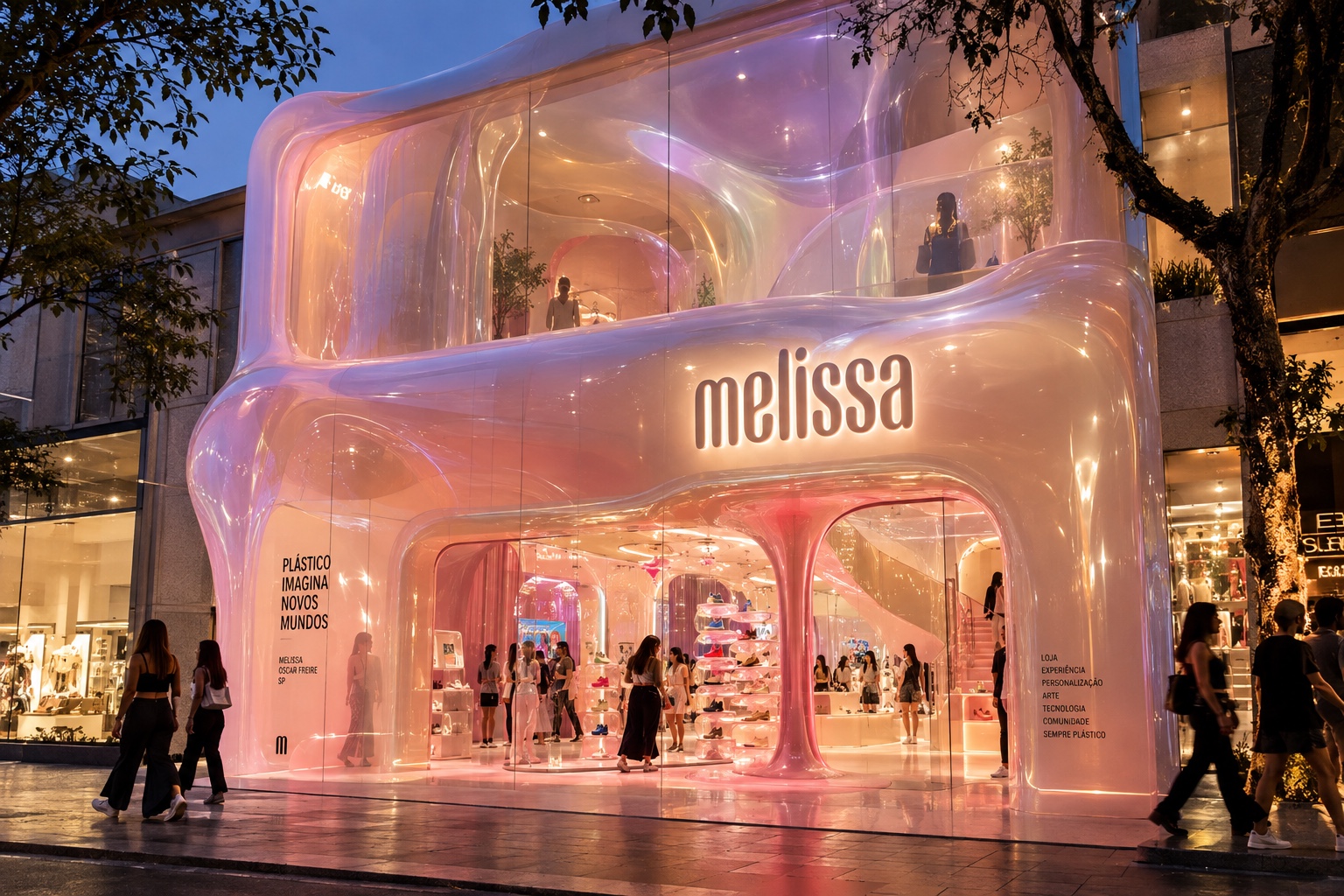 Melissa flagship on Rua Oscar Freire at dusk — a glossy pearl-pink shell over two floors, with a drip-shaped column between two arches