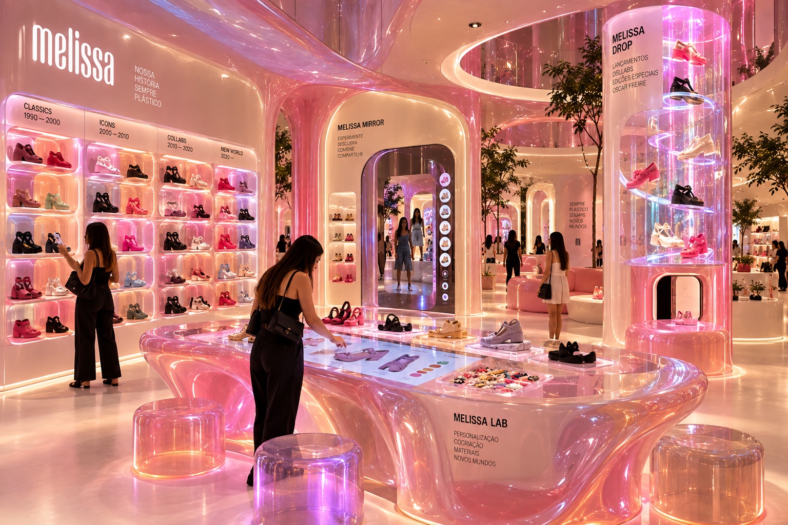 Melissa Lab — the customisation table, with the Icons wall, the Mirror and the Drop tower around it