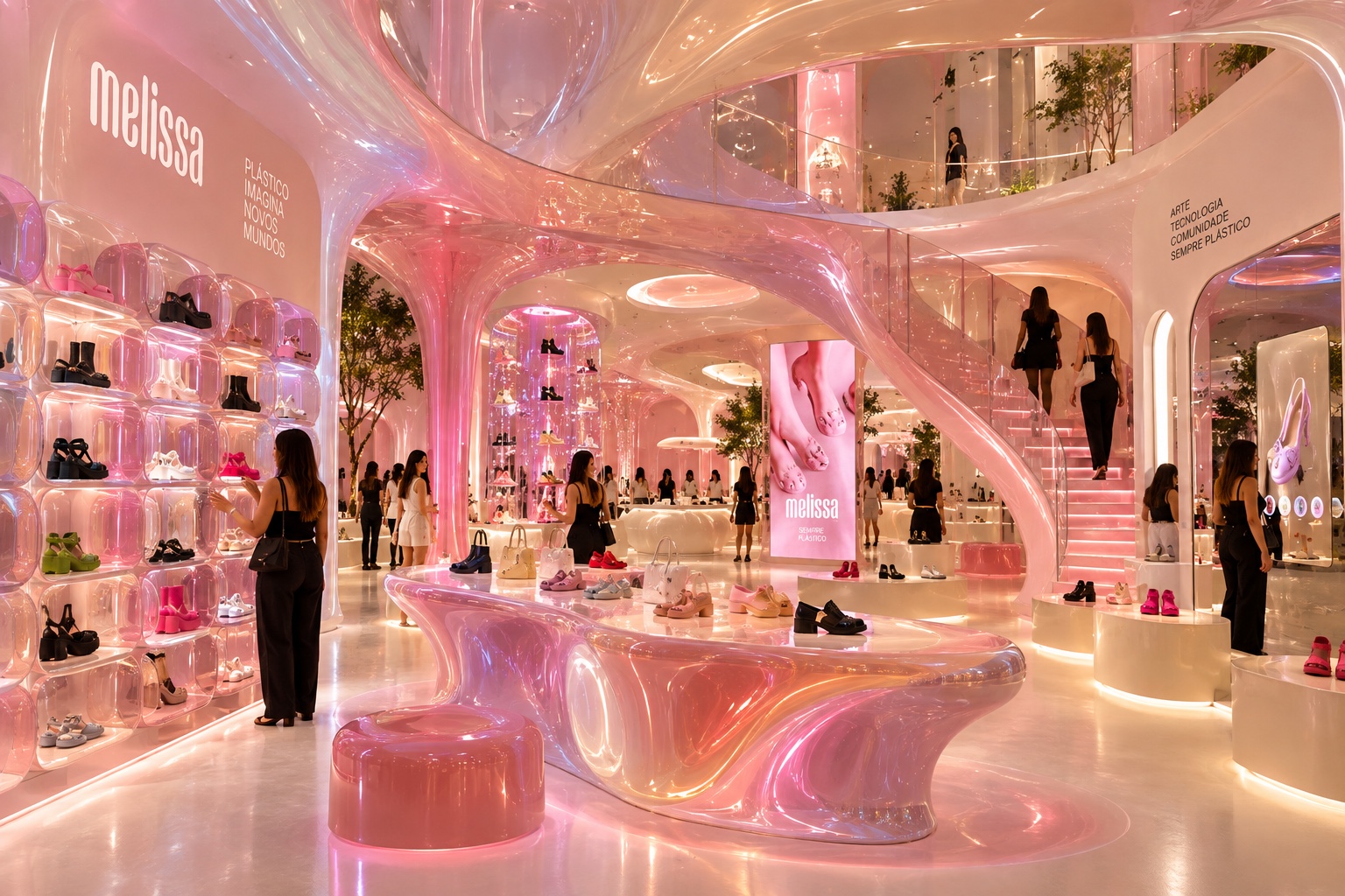 Ground floor — lit shelves, a soft display table and a sculptural staircase to the upper floor