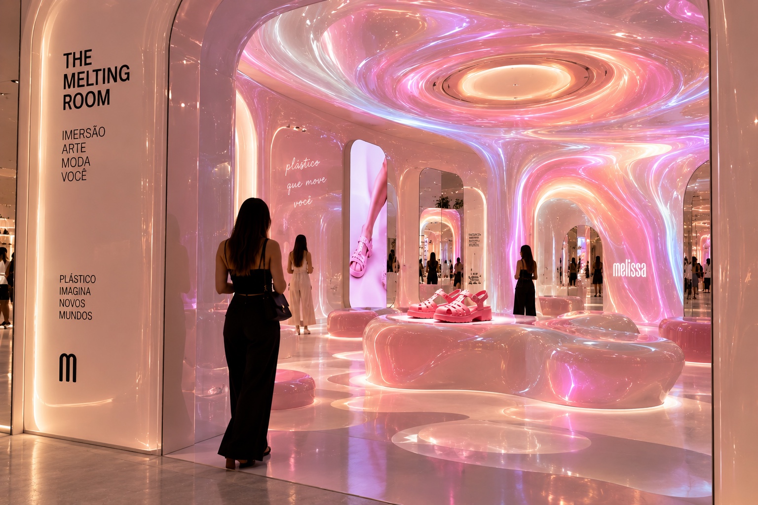 The Melting Room — a swirling liquid ceiling, soft benches and sandals set on a glossy pink island
