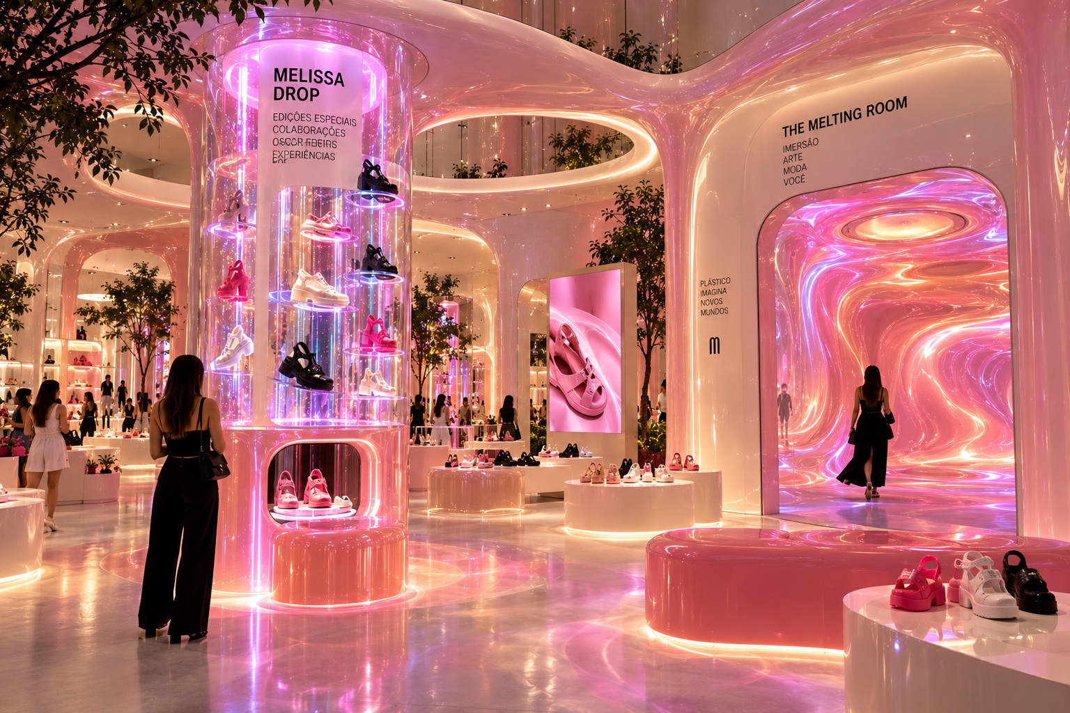 Melissa Drop — a transparent tower of special editions beside the entrance to the Melting Room