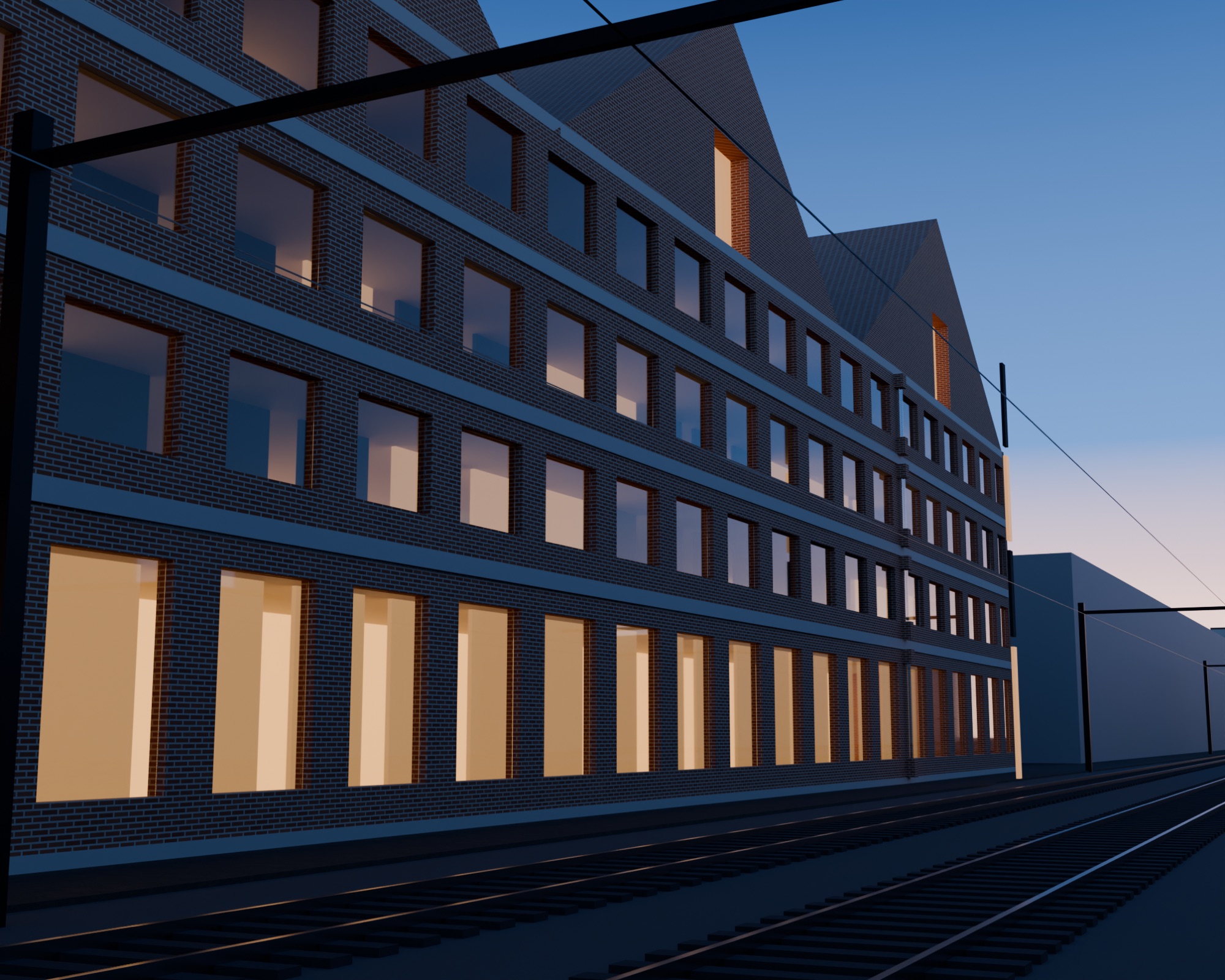 The quiet track side of Uferzeile Tiefenbrunnen with bedroom windows and overhead lines