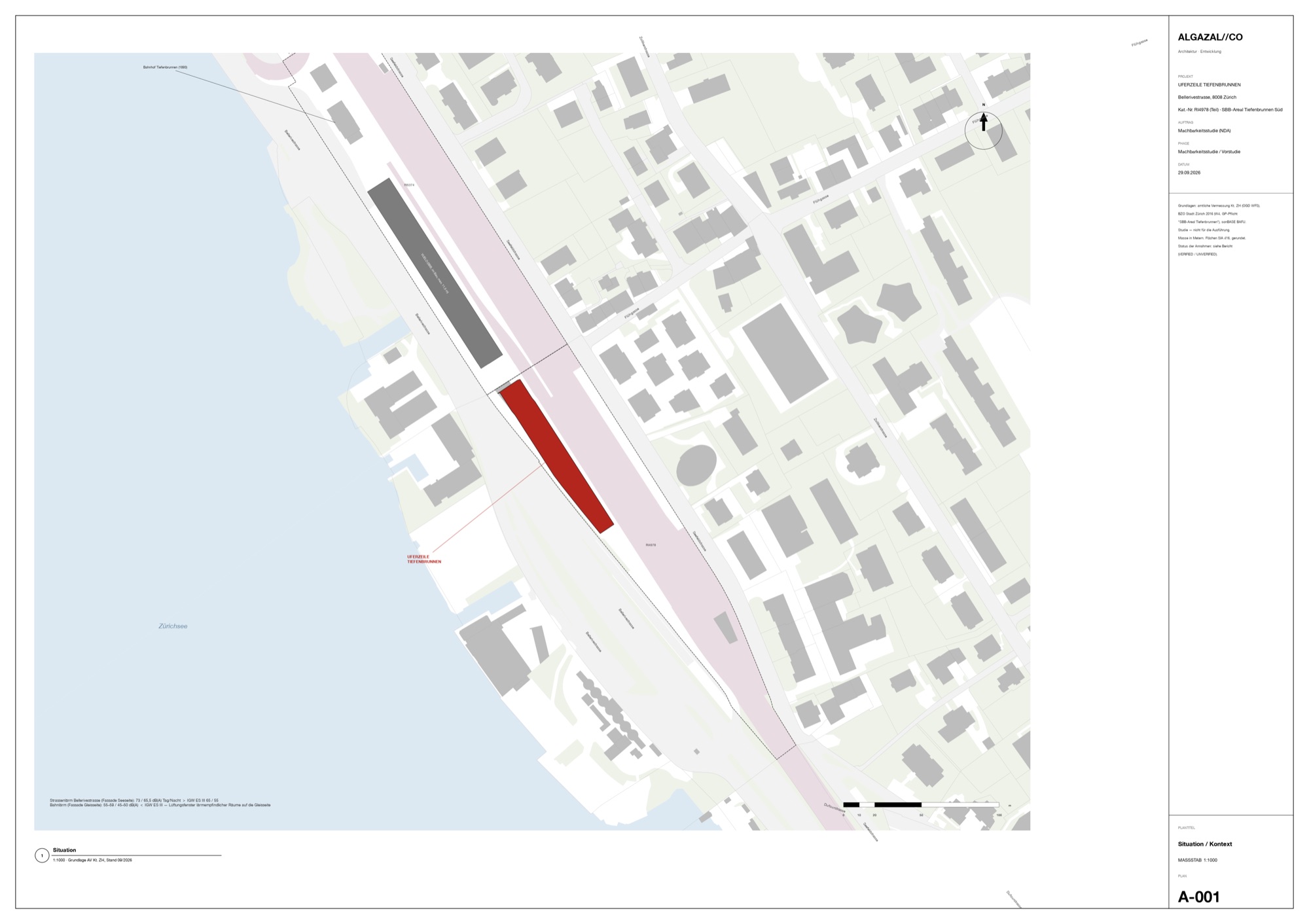 Site plan of Uferzeile Tiefenbrunnen at 1:1000 with the railway office building and the lake