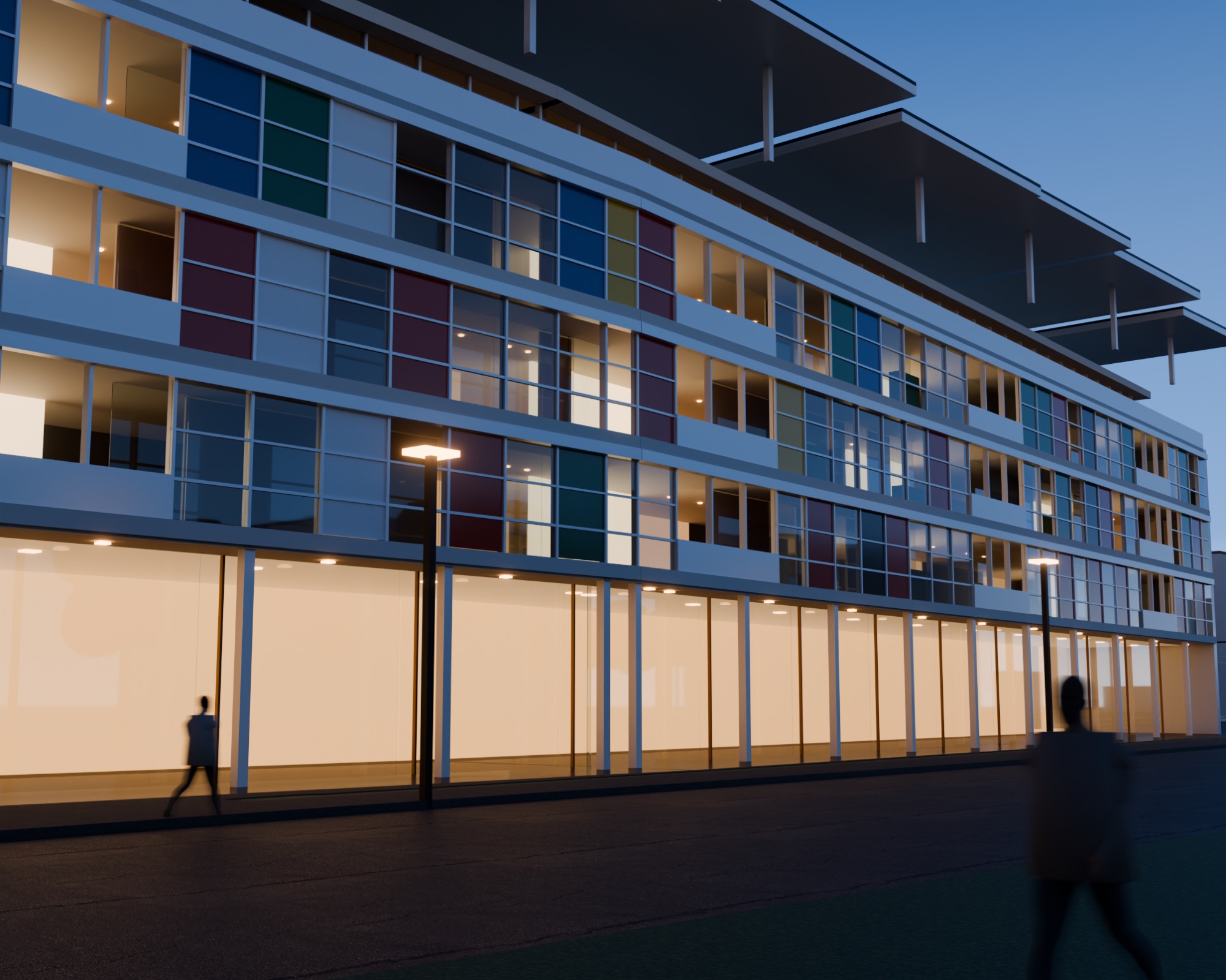Alternative direction for Tiefenbrunnen: white steel frame, coloured enamel panels and a floating steel roof