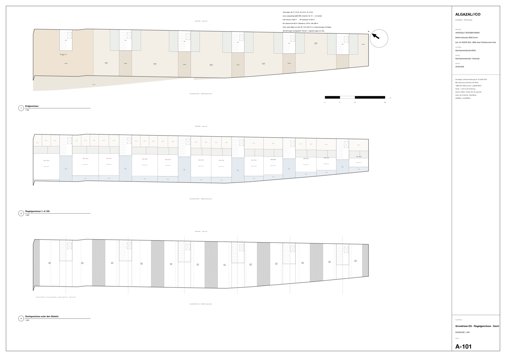 Floor plans of Uferzeile Tiefenbrunnen: ground floor, typical floor and the flats under the gables