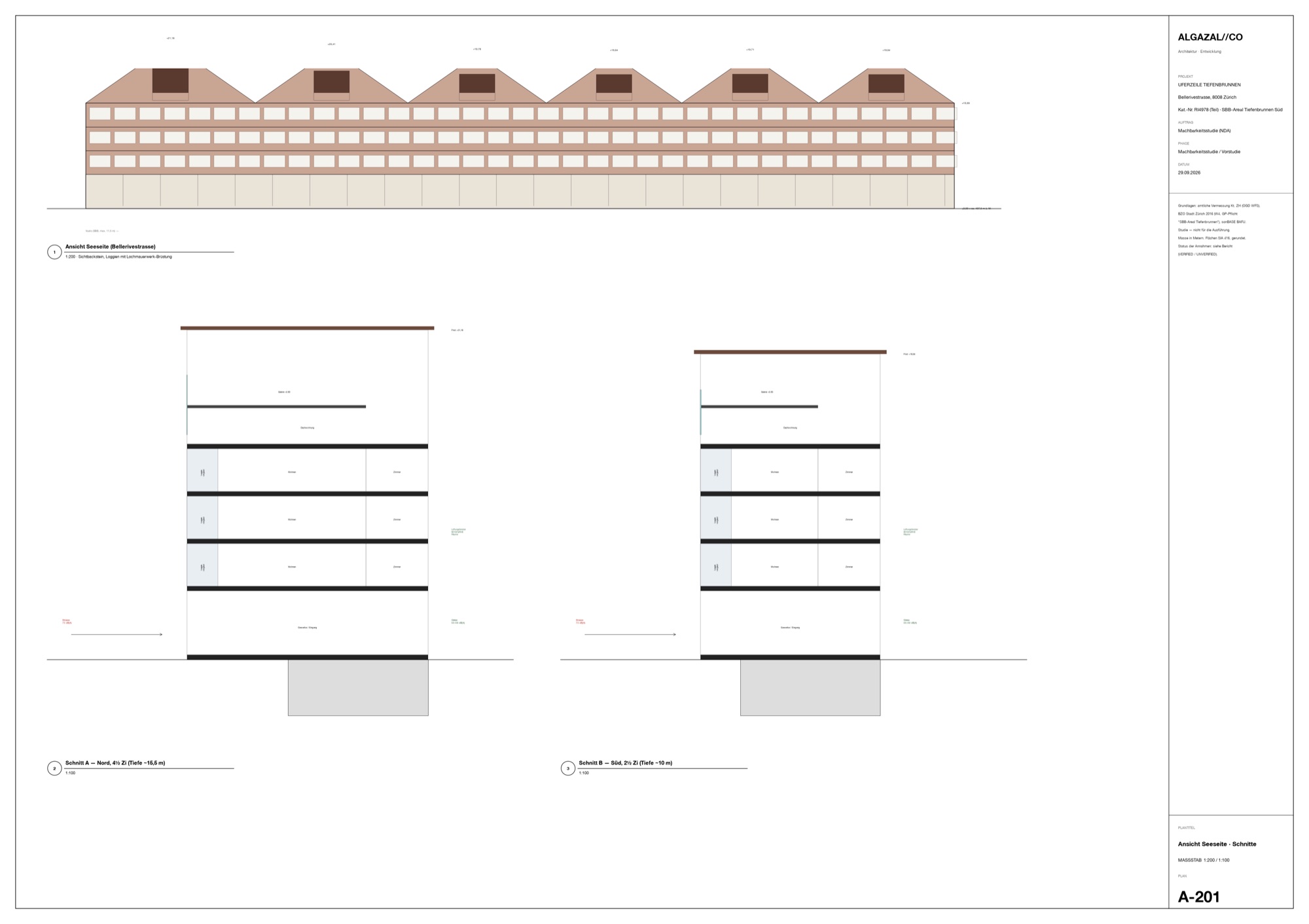 Lake-side elevation with six gables and two cross sections through the loggia layer