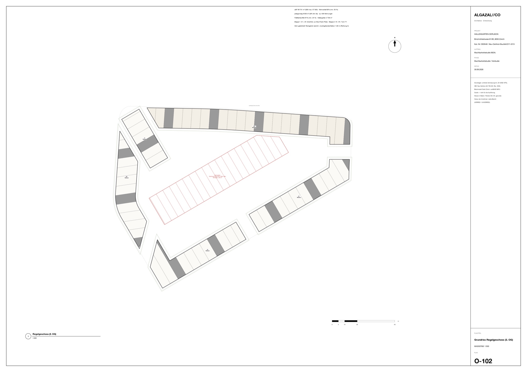 Typical floor of Hallengarten Oerlikon at 1:500 with through flats and the trellis line