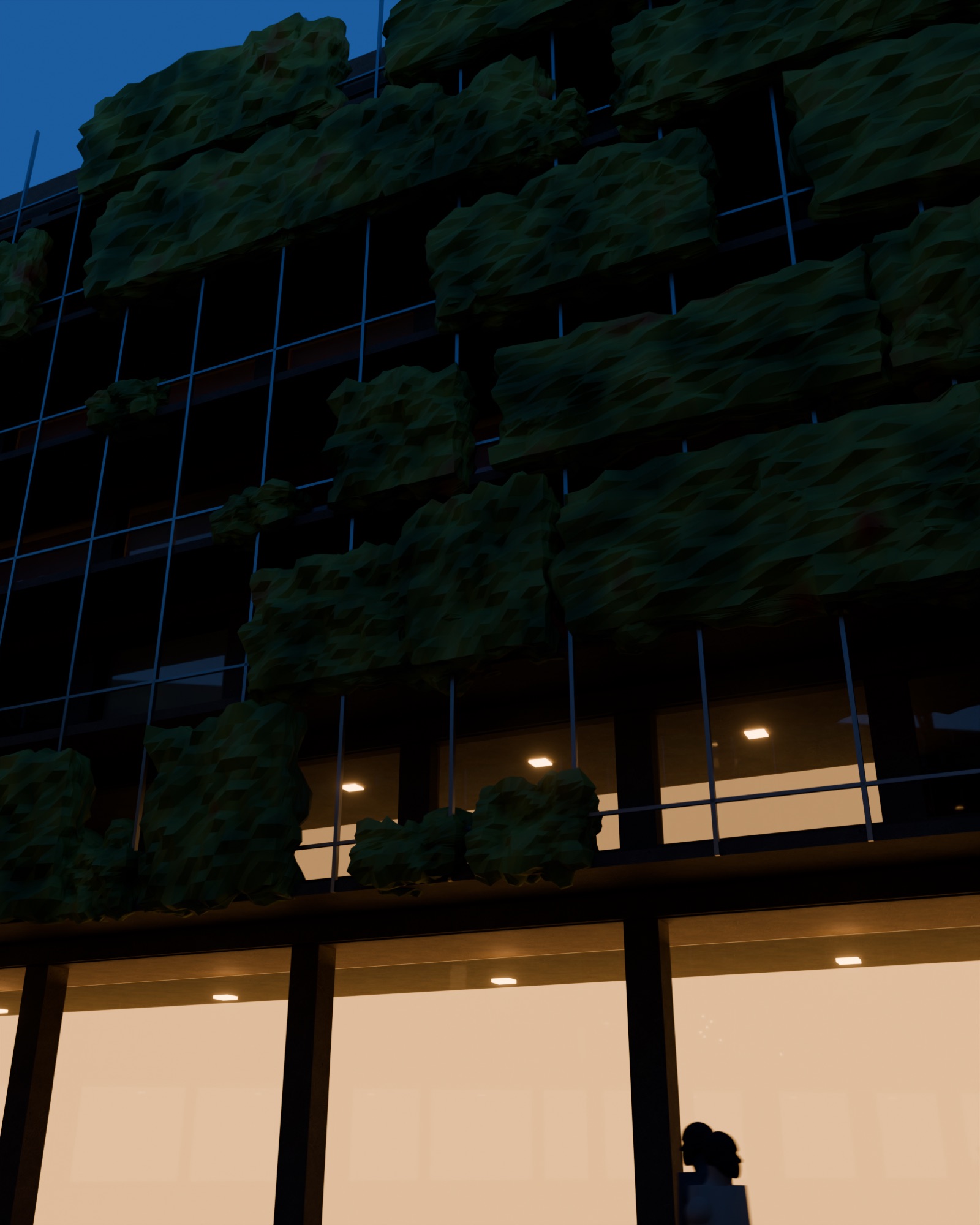 Galvanised trellis, continuous balconies and vines on the courtyard facade