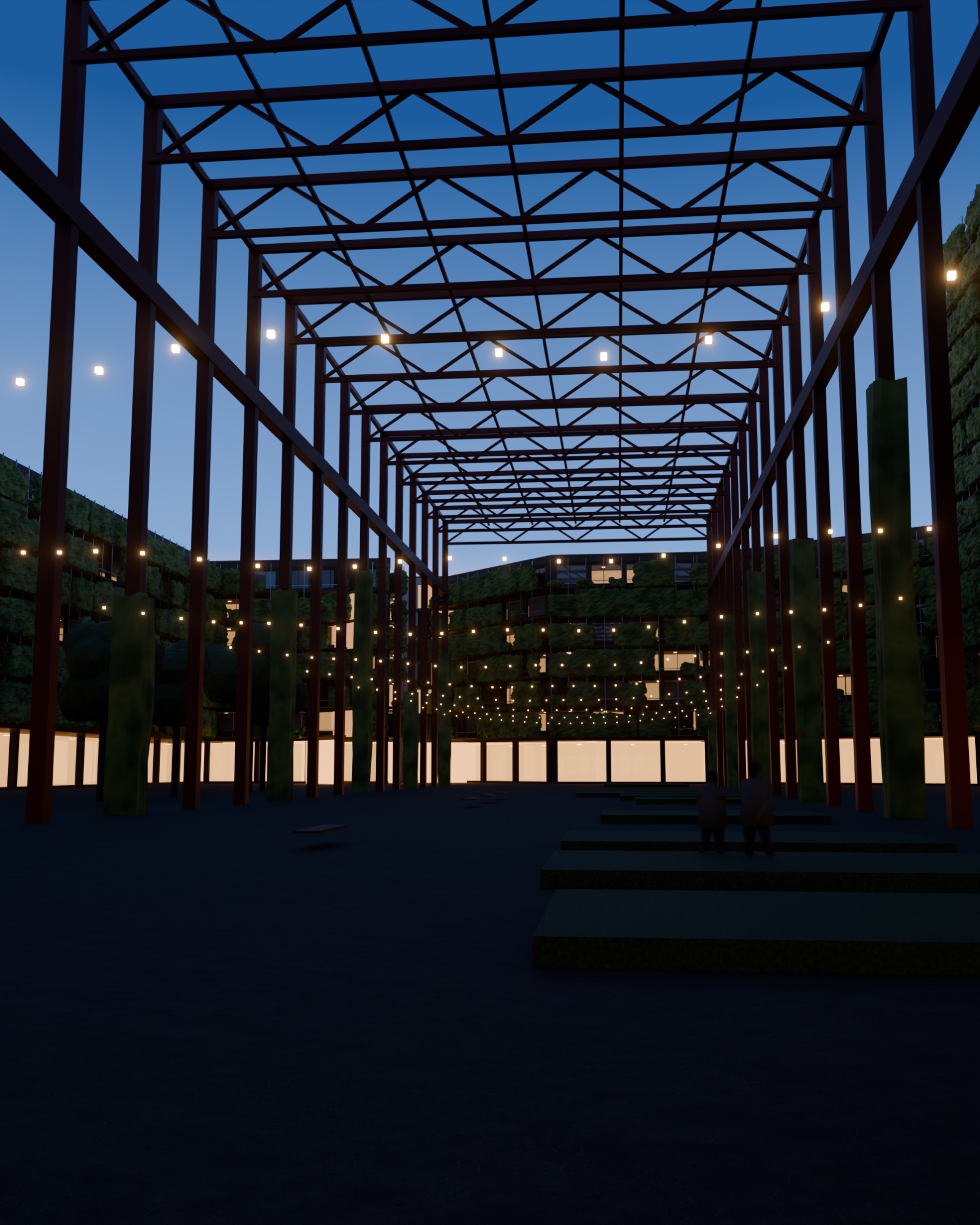 The Hallengarten courtyard under the steel frames of Halle 622, with climbers and a string of lights