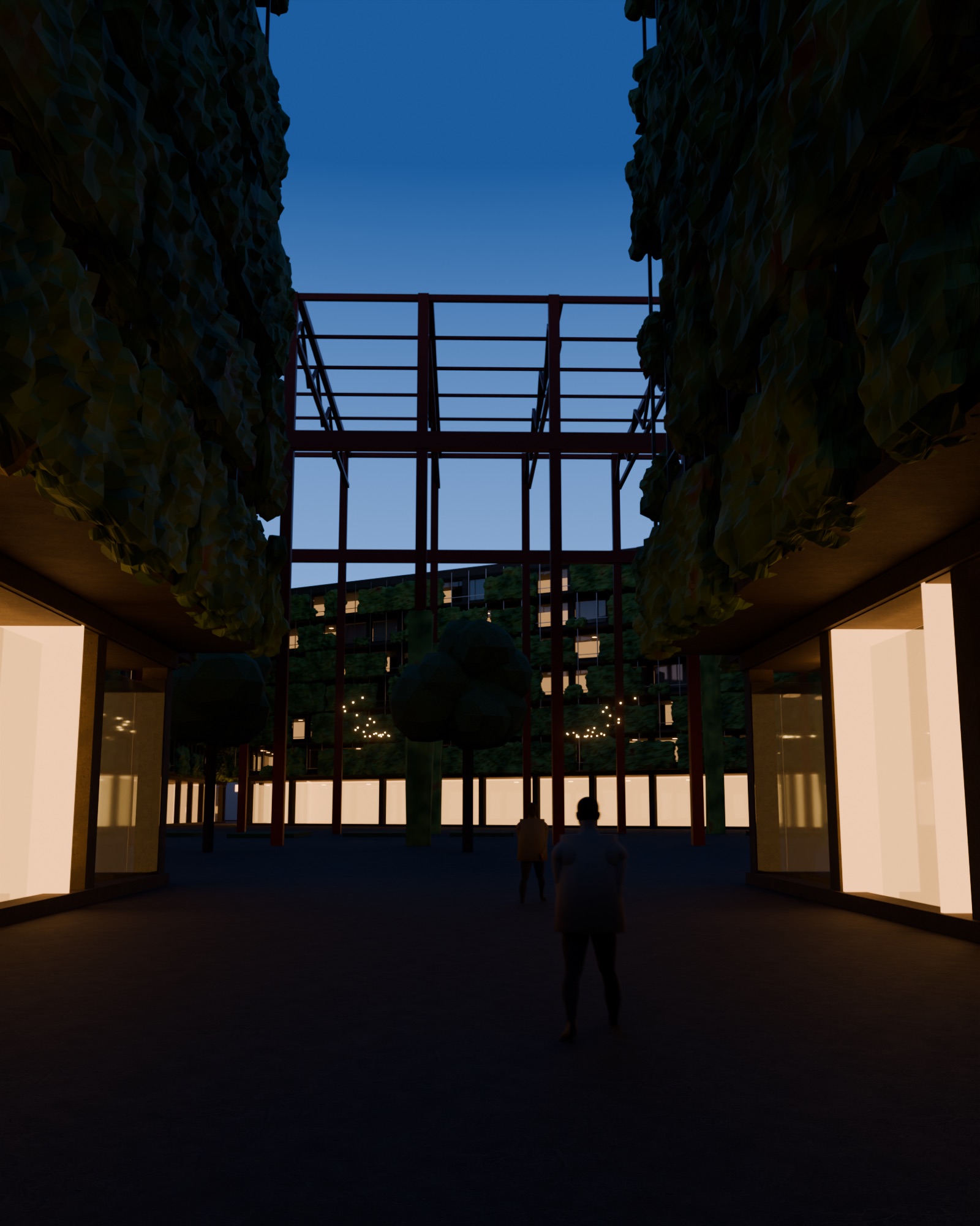 The south passage into the Hallengarten from Max-Frisch-Platz, between two green-clad housing bars