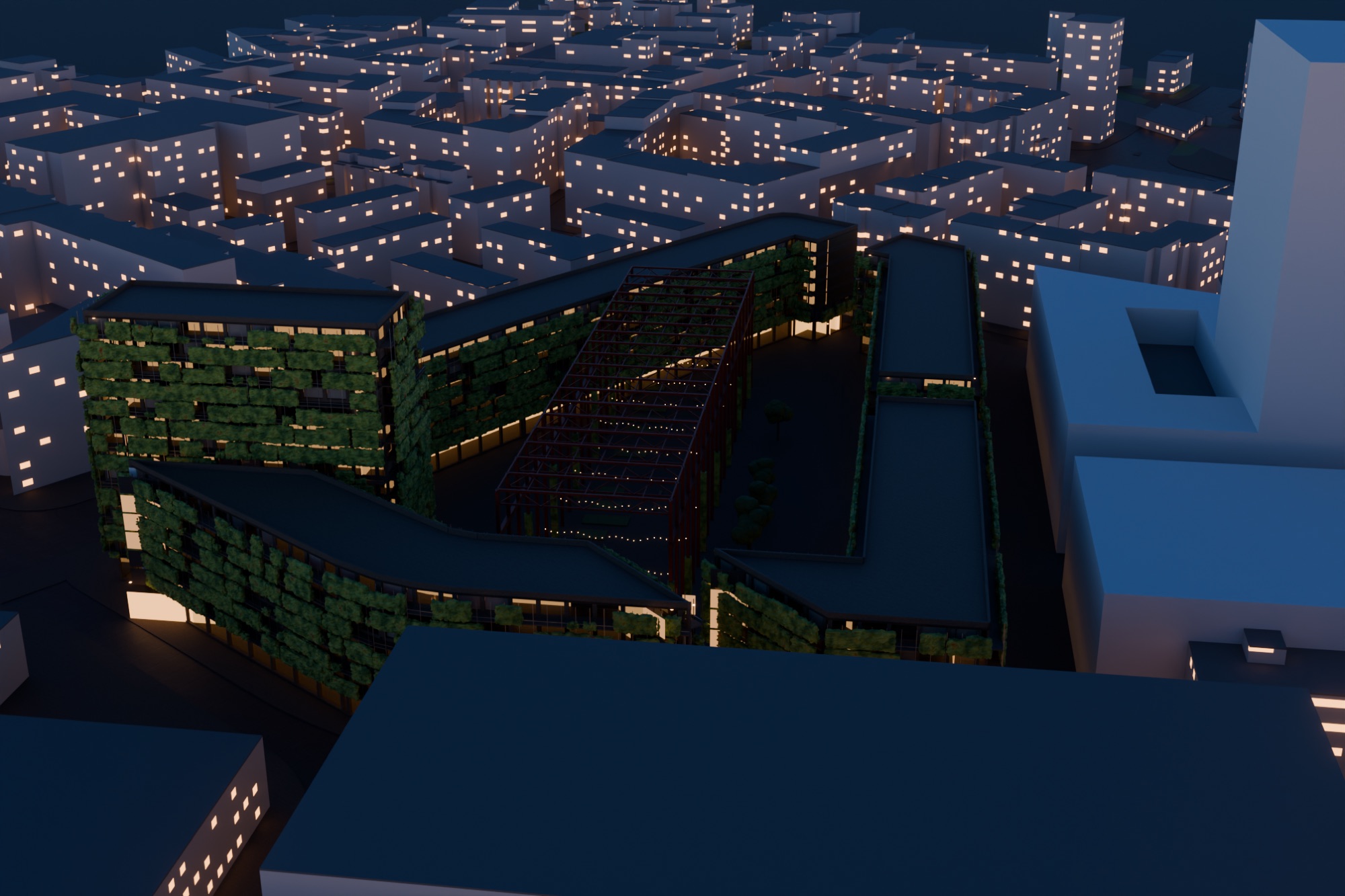 Aerial view of the Hallengarten block in Neu-Oerlikon with the red steel hall in the middle