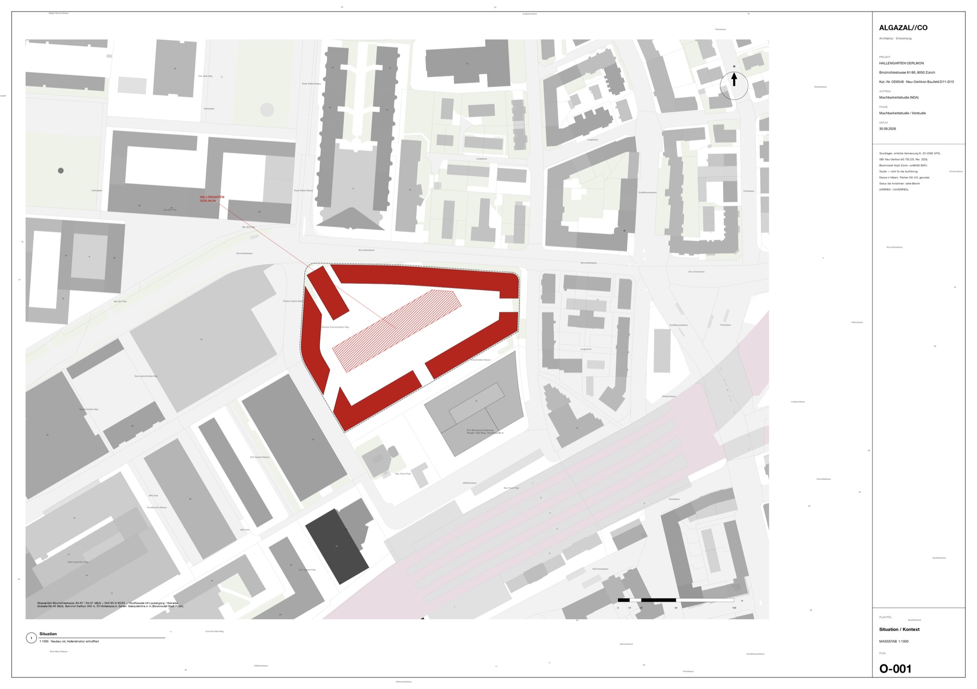 Site plan of Hallengarten Oerlikon at 1:1000 with real building heights of the neighbourhood