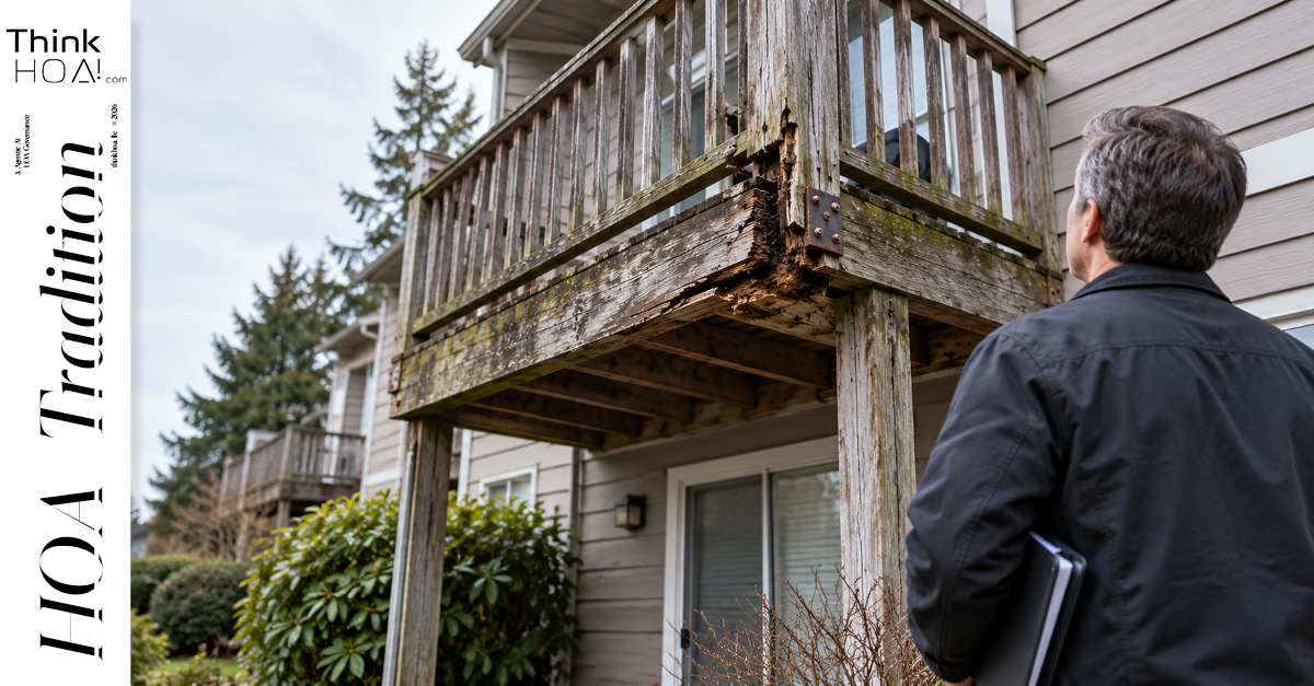 HOA manager inspecting severe rot on a townhome deck and balcony