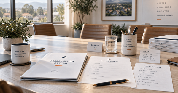 HOA board meeting documents and directors gathered around a conference table.