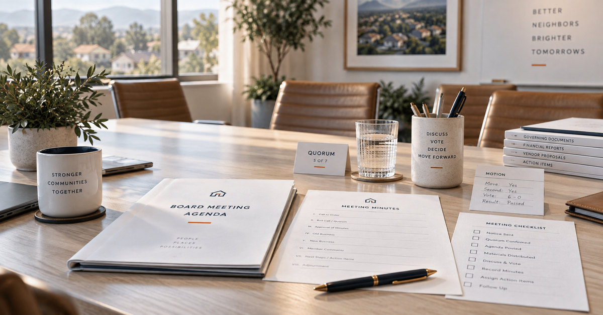 HOA board meeting in progress with directors reviewing agenda and meeting documents around a conference table.