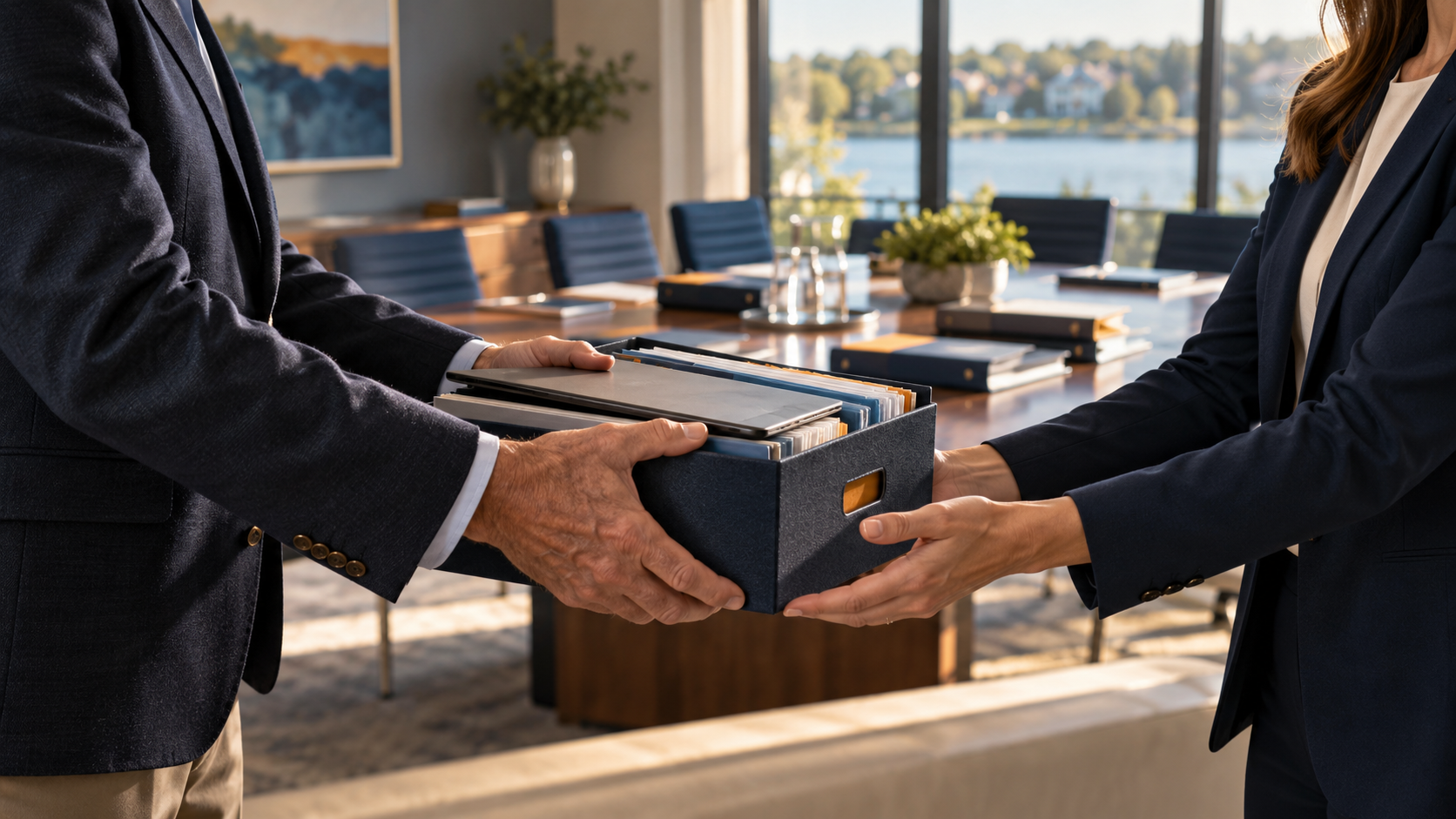 Two HOA leaders hand off organized association records in a boardroom