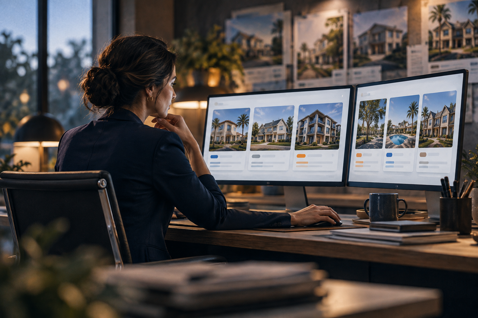 HOA manager reviewing association records across two screens