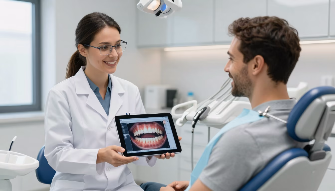 photorealistic professional dentist consulting with a happy patient showing a digital tablet screen dental clinic setting