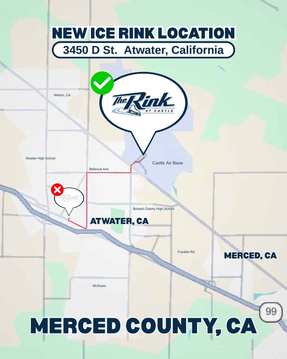 Ice Skating in Atwater, CA has moved from Downtown to our spot here at Castle's Commerce Center!