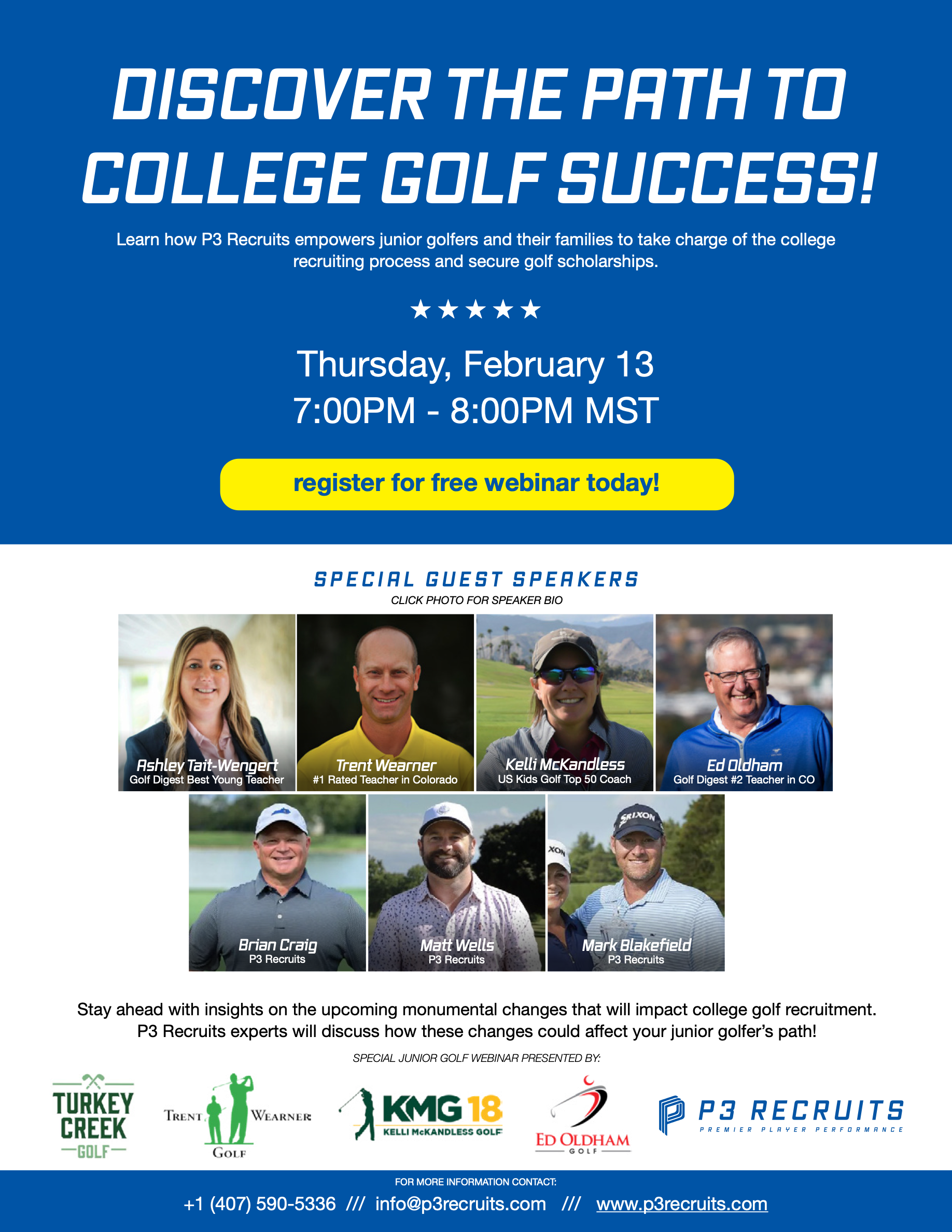 P3 Recruits college-golf webinar flyer with speakers and partner marks