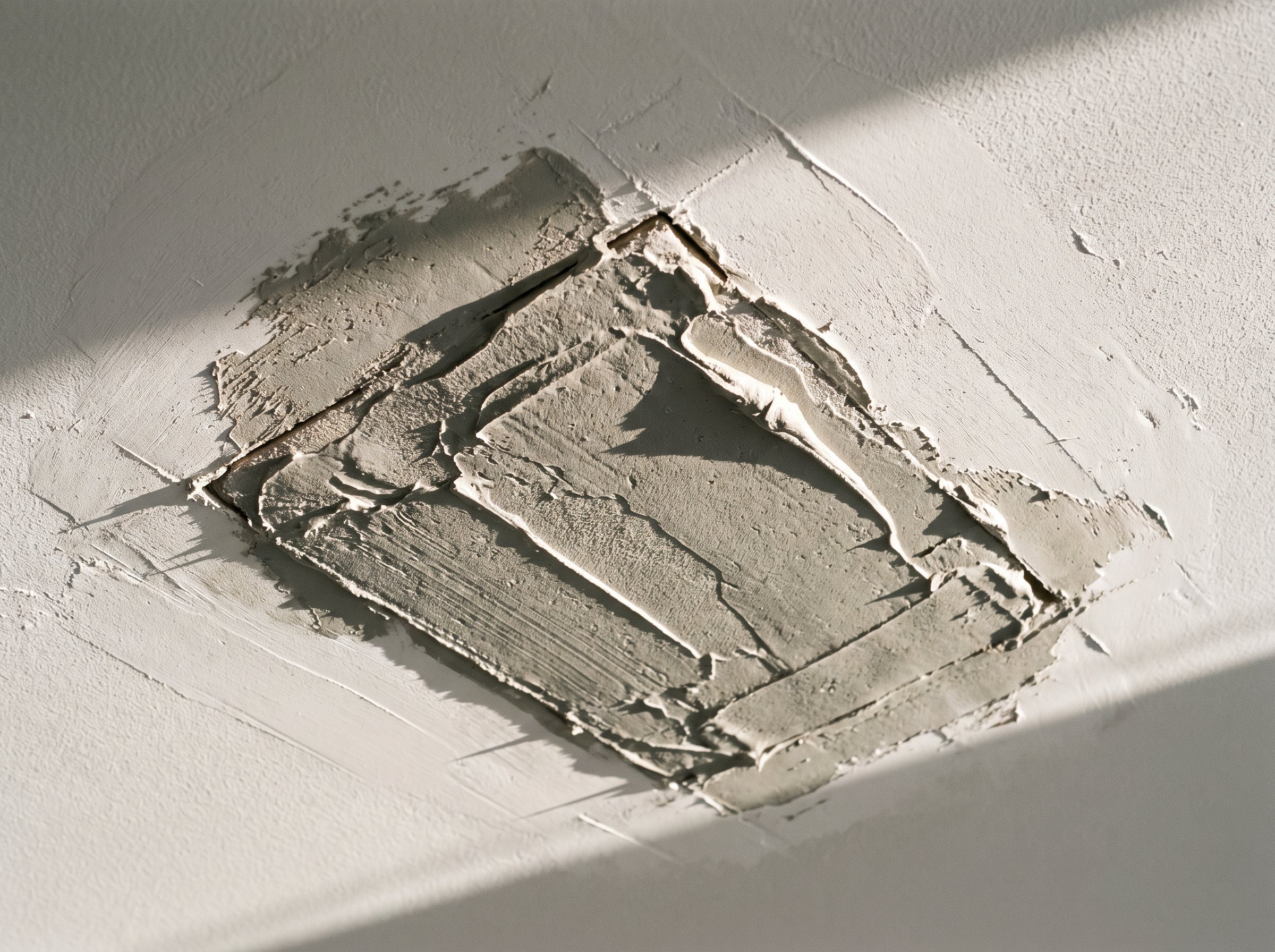 Ceiling with patched drywall sections blended into the existing finish