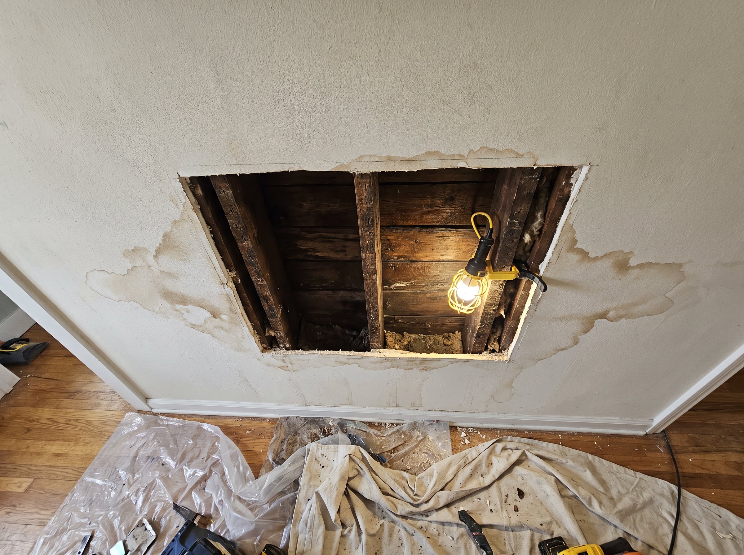 Living room with newly finished drywall ceiling, furniture covered and floors protected