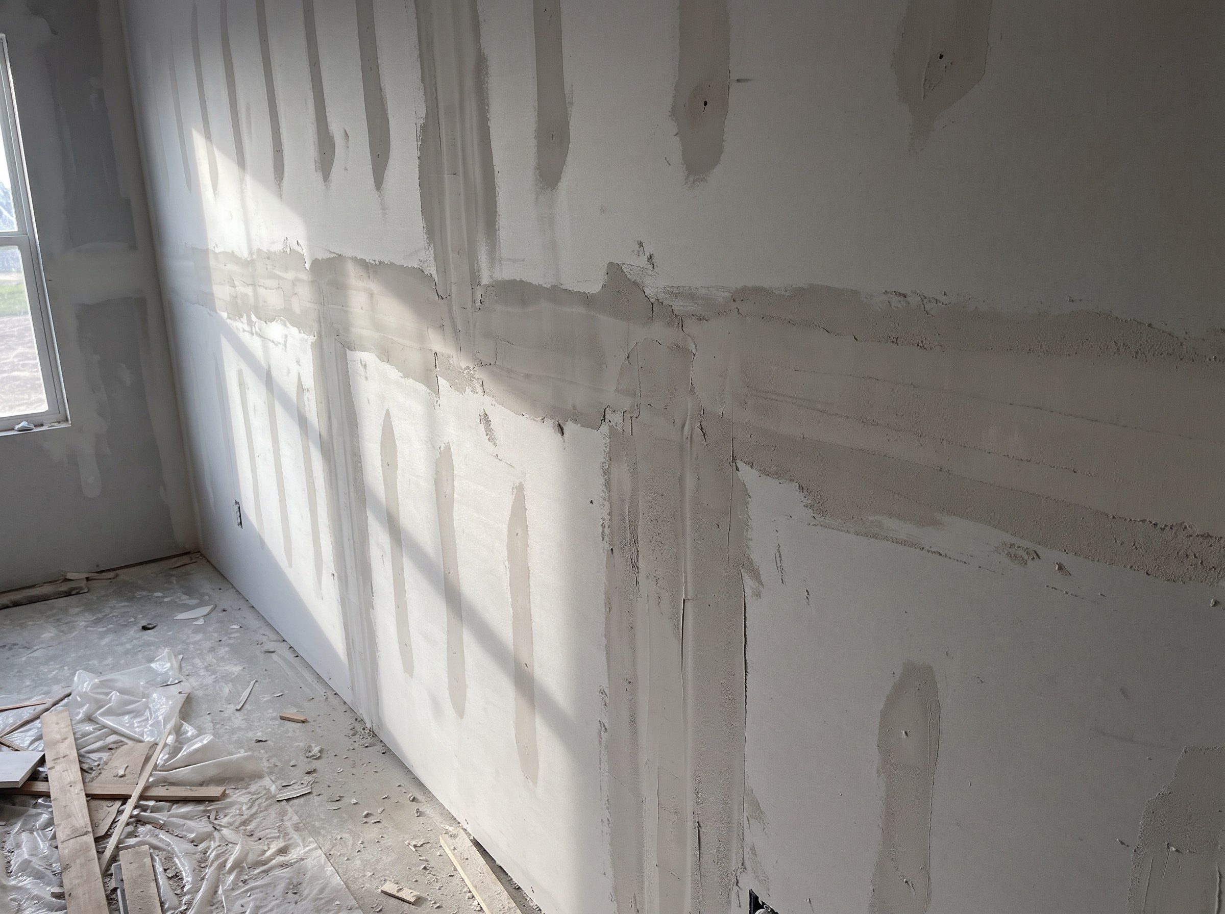 Taped and mudded drywall seams ready for sanding