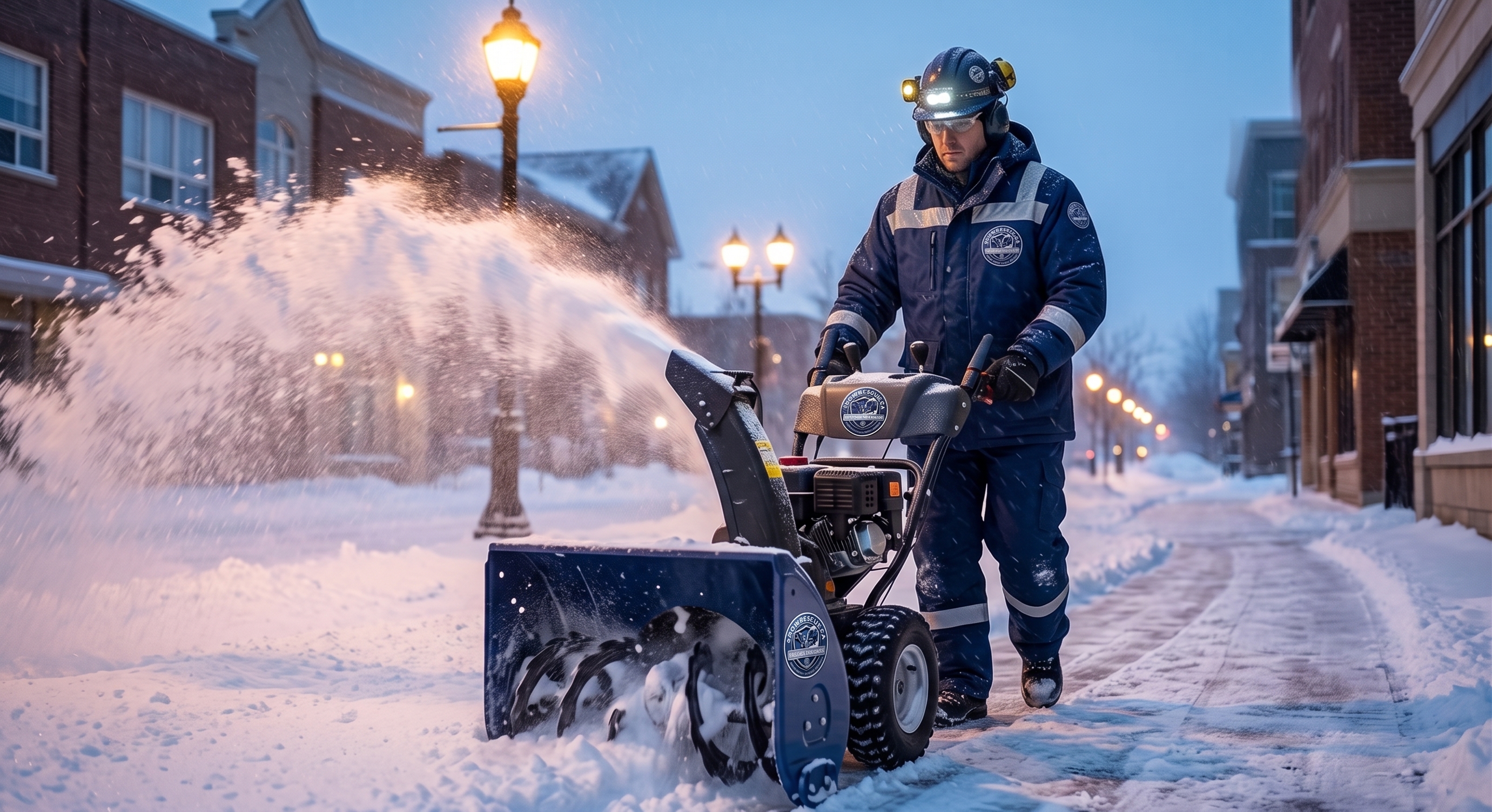 SnowRescue team member operating a snowblower while clearing a residential winter access area
