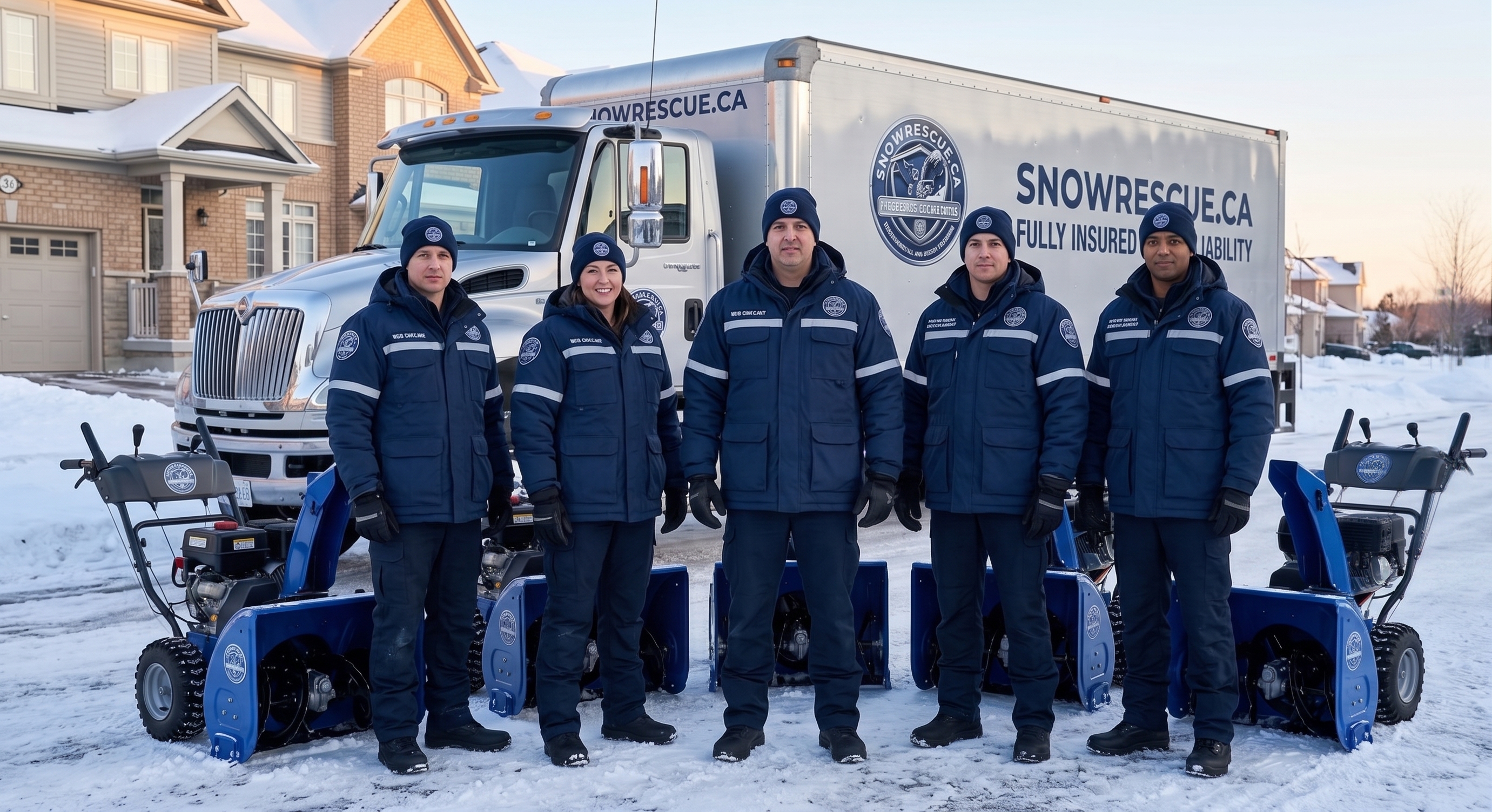 SnowRescue residential snow service team with professional snowblowers