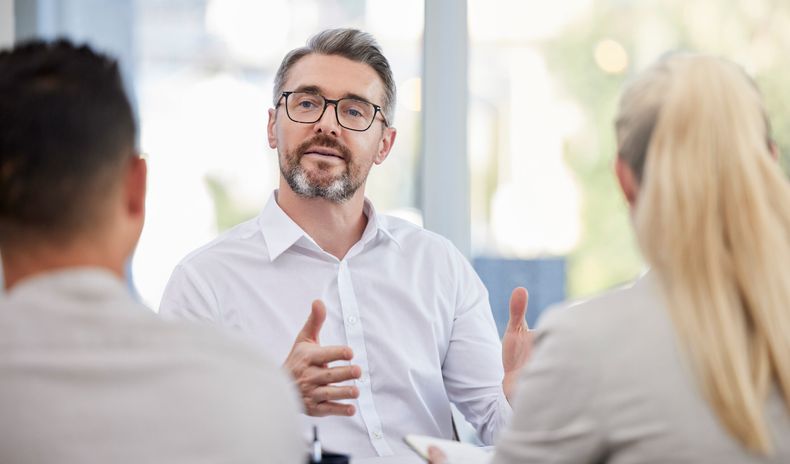 A consultant talking through a plan with clients