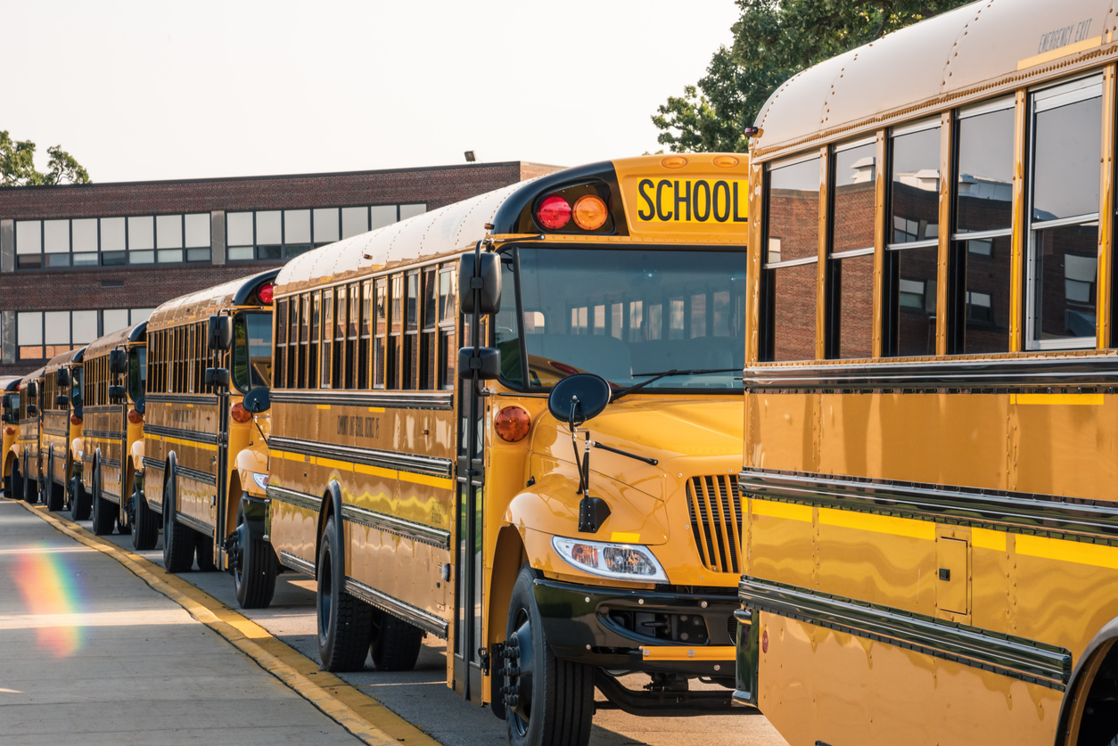 School buses parked in a row