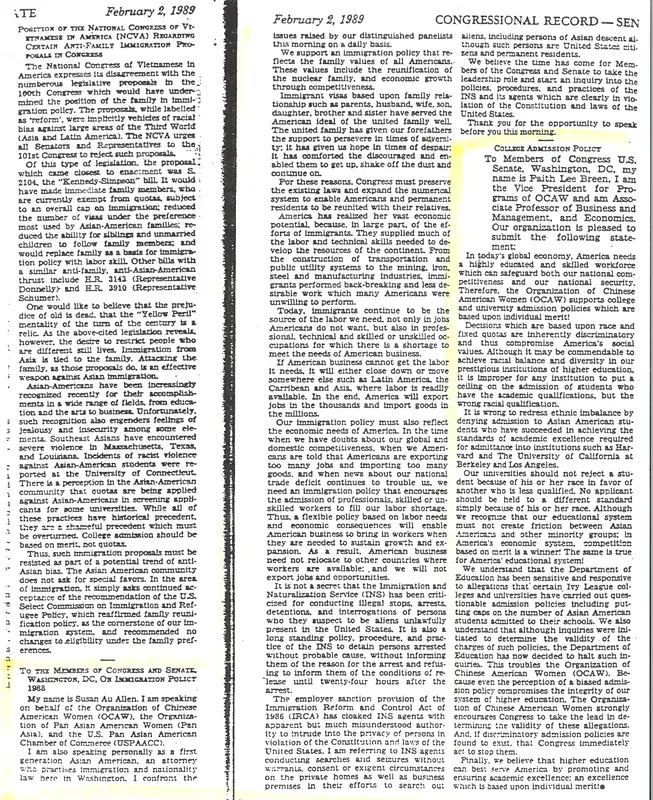 1989 — Testimony to Congress on immigration