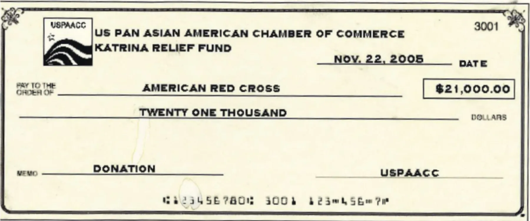 2005 — Hurricane Katrina relief donation