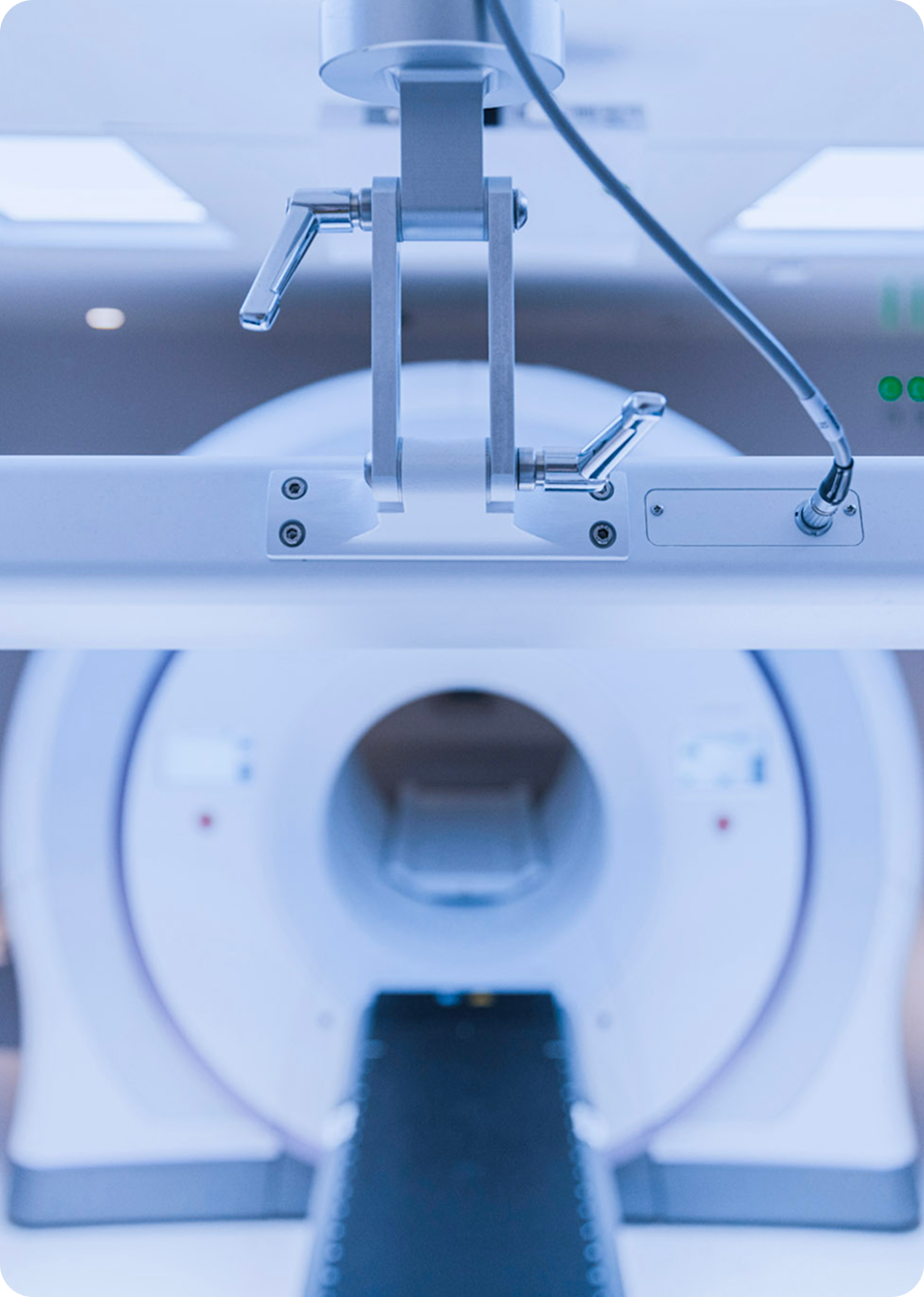Close-up of an MRI scanner with metal components.