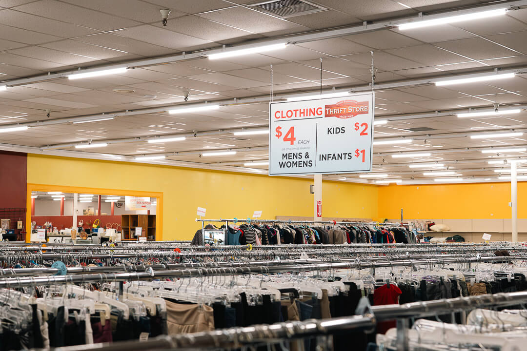 Clothing racks at the Good Samaritan Thrift Store