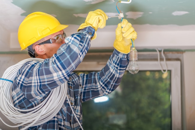 Electrician wearing safety gear installs light bulb wiring on a ceiling indoors.