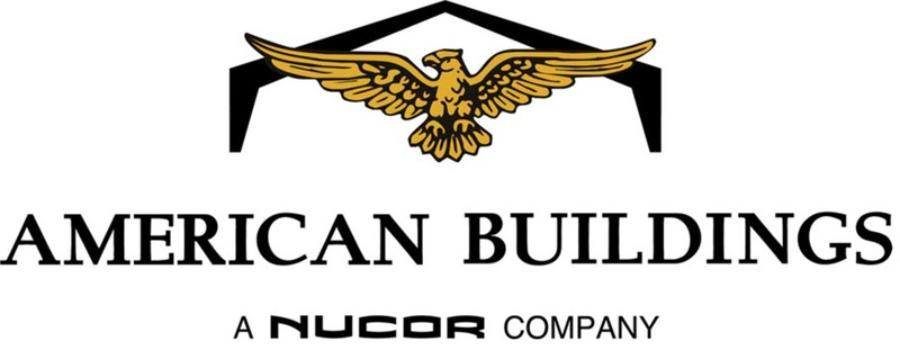 Logo of American Buildings featuring a golden eagle over a black roof outline, noted as a Nucor company.