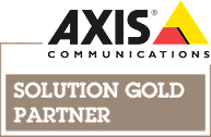Axis Communications Solution Gold Partner badge with text and logo.