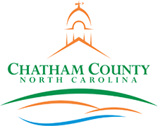 Chatham County North Carolina logo with a stylized clock tower and curved lines in green, orange, and blue.