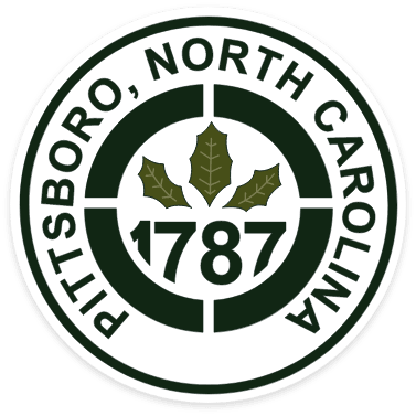 Seal of Pittsboro, North Carolina, with the year 1787 and three green leaves in center.