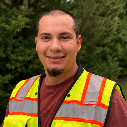 Smiling man wearing a reflective safety vest standing outdoors with green trees in the background.