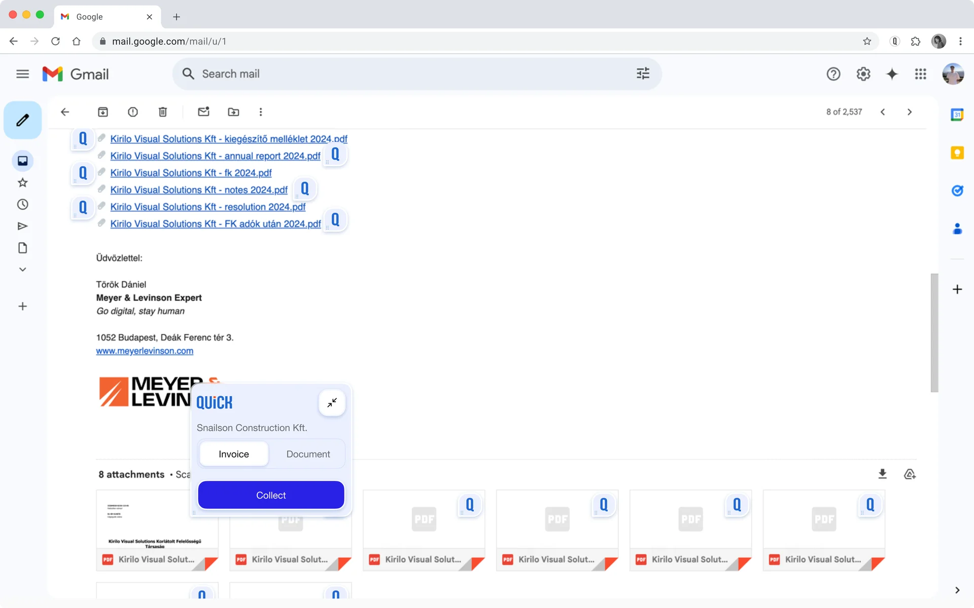 A QUiCK plugin lebegő menüjének vázlata: kiválaszthatjuk a feltöltés célját (pl. melyik cégbe iktatjuk a dokumentumot) és típusát. (dokumentum, vagy számla) chrome bővítmény