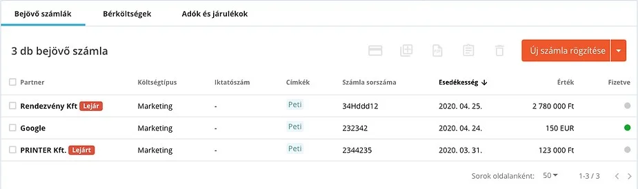 3 db bejövő számla