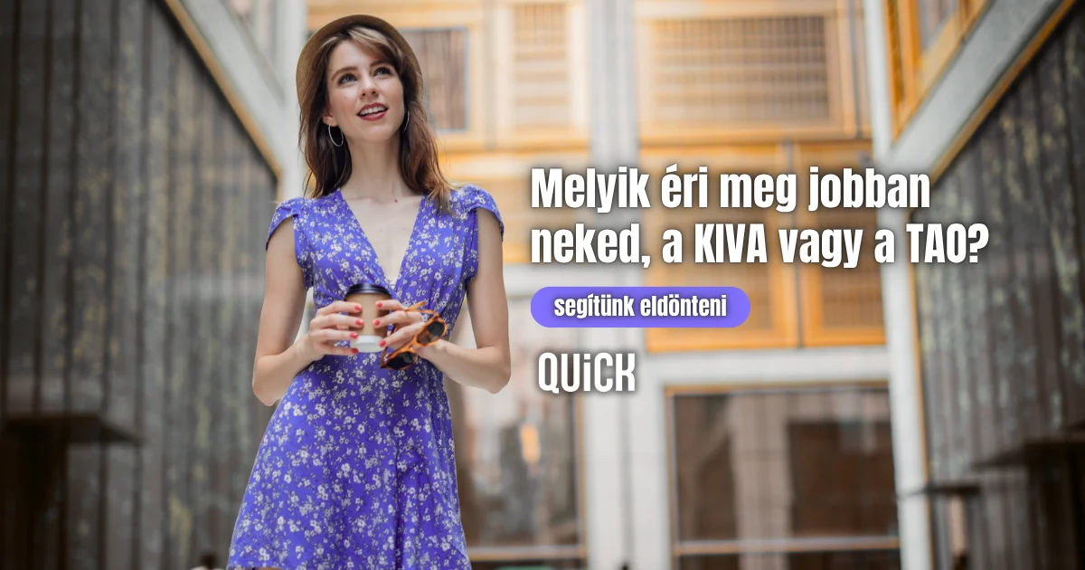 Nő kávéval a kezében áll melyik éri meg jobban kiva vagy tao quick felirat