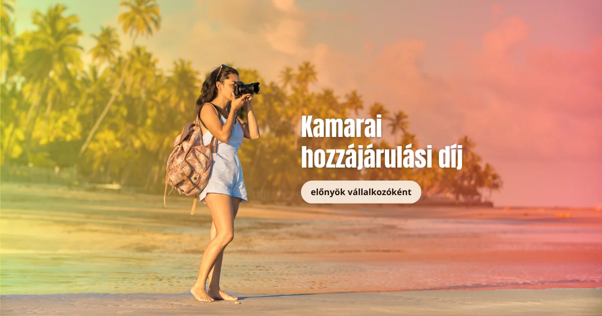 fotós nő tengerparton képet készít kamera QUiCK kamarai hozzájárulási díj felirat