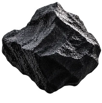 Textured black cube-shaped rock floating against a dark gradient background with light reflecting on its rough surfaces.