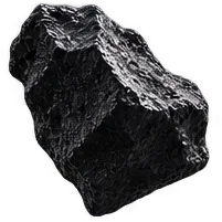 Close-up of a textured black rock with rough, jagged surfaces and visible grooves, set against a dark background.