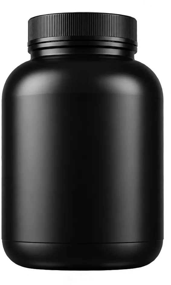 Matte black plastic jar with a screw-on lid, shown against a dark background.