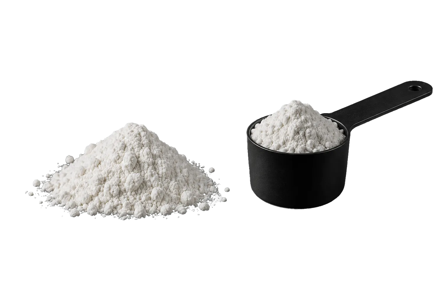 A pile of white powder and a black measuring scoop filled with the same white powder on a white background.