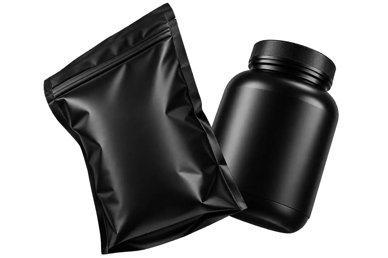 A matte black resealable pouch and a matte black plastic jar with ribbed screw top lid on a black background, shown without labels.